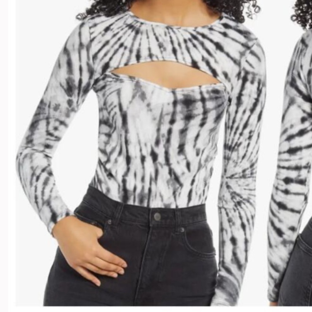 Good Luck Gem Gray Tie Dye Cut Out Panel Long Sleeved Textured Top Womens XL NEW